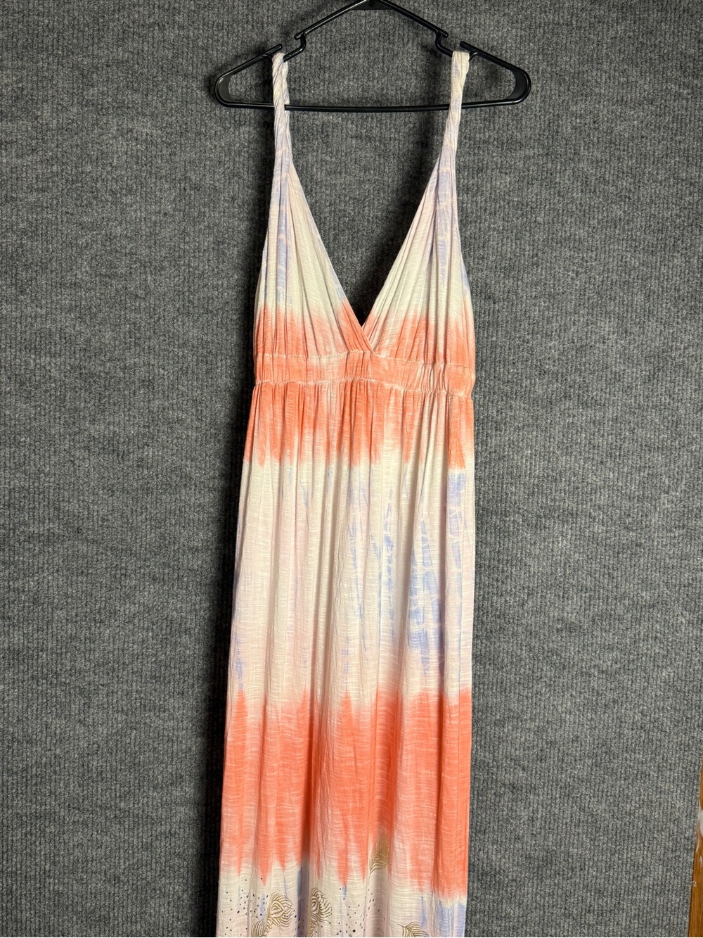 Miss Me Bohemian Tie Dye Empire Waist V-Neck Maxi Dress Coral Cream Blue Size L